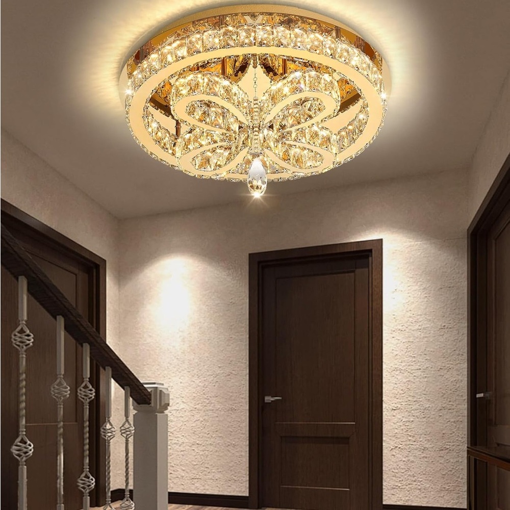 (NEW) Modern Gold Flush Crystal Flush Mount Ceiling Chandelier - 20”x10”